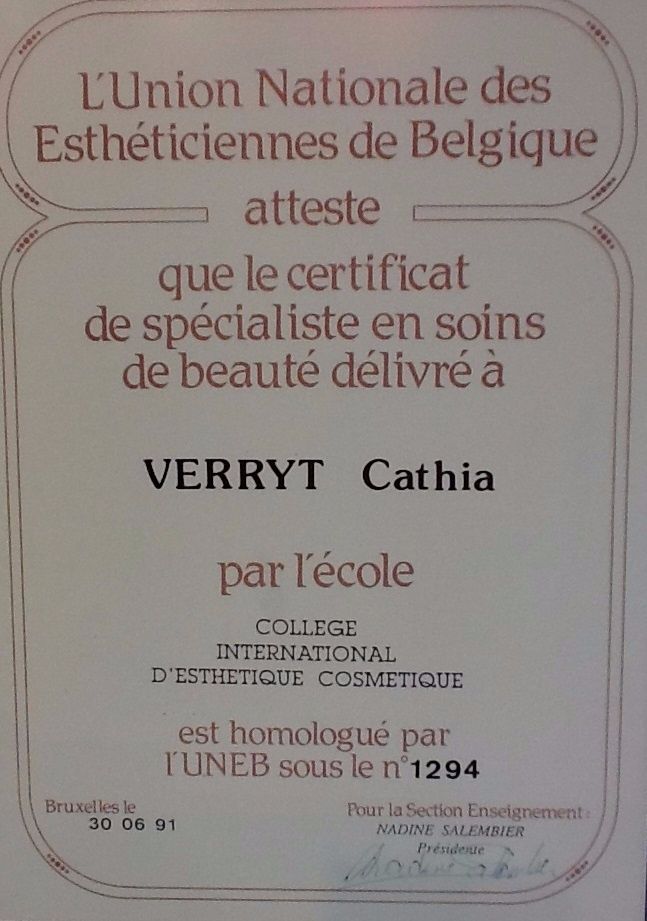Certificat de Spécialiste en Soins de Beauté de l'UNEB - Bruxelles, Belgique